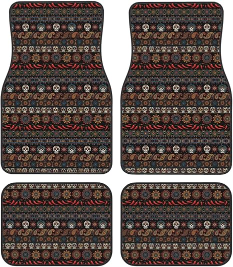 4 Piece Non-Slip Automotive Floor Mats, Heavy Duty Universal Fit for Truck, SUV and Sedan, Mexican Style Sugar Skull Traditional Paisley Cars Mat Set All Weather Full Protection - sugar skull car floor mats