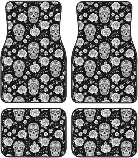 4 Piece Full Set Automotive Floor Mats, Heavy Duty Universal Fit for Van, SUV and Truck, Sugar Skulls Cars Mat Set All Weather Anti-Slip - sugar skull car floor mats