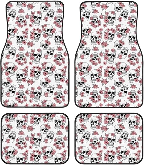 4 Piece Automotive Floor Mats, Heavy Duty All Weather with Non-Slip Backing, Universal Fit for Most Vehicles, Sugar Skulls Cars Mat Set - sugar skull car floor mats