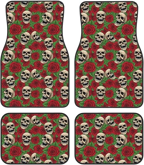 4 Piece Full Set Heavy Duty Floor Mats, All Weather Anti-Slip Universal Fit for Car, Van and Truck, Floral Rose Flowers Day of The Dead Sugar Skulls Cars Mat Set - sugar skull car floor mats