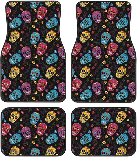 Set of 4 Car Floor Mats, Heavy Duty Universal Fit for SUV, Sedan and Van - All Weather Non-Slip Full Protection, Sugar Skulls Cars Mat Set - sugar skull car floor mats
