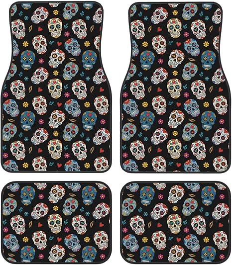 4 Piece Heavy Duty Automotive Floor Mats Set, Universal Fit All Weather with Anti-Slip for SUV, Sedan and Van, Day of The Dead Sugar Skull Cars Mat Set - sugar skull car floor mats