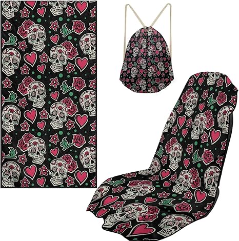 Car Towel Seat Covers with Storage Bag and Drawstring Bag,Non-Slip Machine Washable Lightweight Breathable Multifunctional Suitable for Gym Outdoor Sport,Beach,Travel Dog Sugar Skull Print - sugar skull car pet seat cover