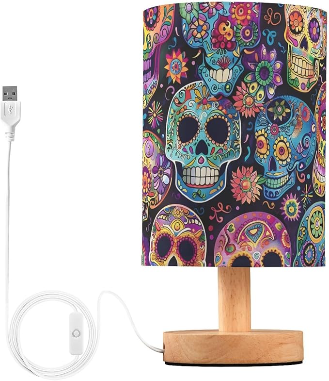 ALAZA Bedside Table Lamp Skulls Skeleton Sugar Mexico Lamp for Girls Boys Bedroom with USB Port LED Kids Nightstand Lamp Wood Base Desk Living Room Decor - sugar skull table lamp