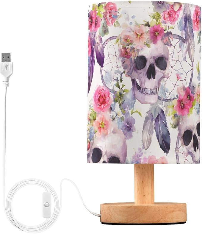 ALAZA Bedside Table Lamp Skulls Skeleton Sugar Mexico Flower Lamp for Girls Boys Bedroom with USB Port LED Kids Nightstand Lamp Wood Base Desk Living Room Decor - sugar skull table lamp