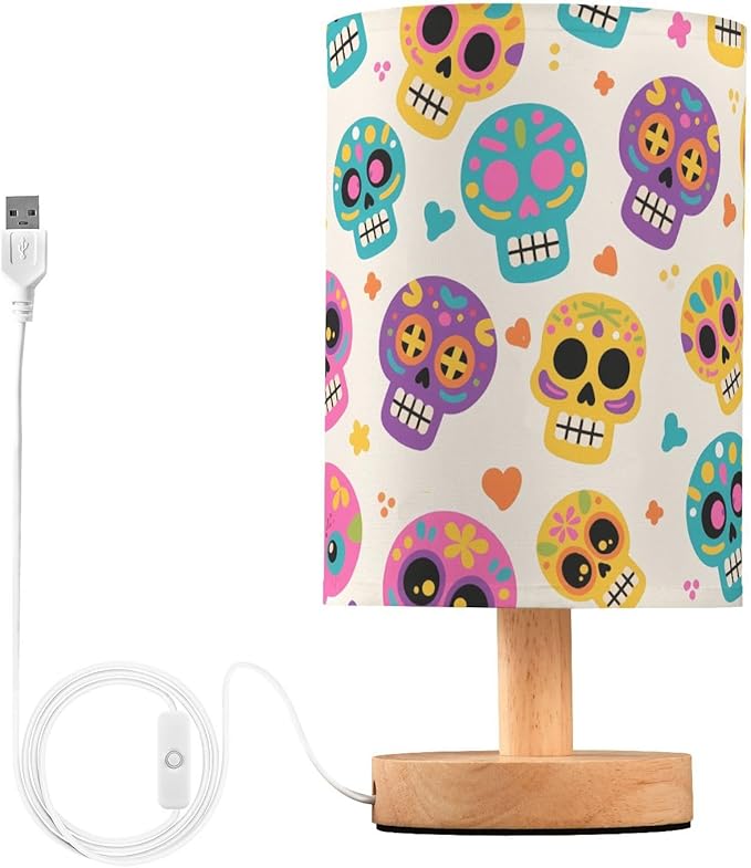 ALAZA Bedside Table Lamp Skull Skeleton Sugar Yellow Lamp for Girls Boys Bedroom with USB Port LED Kids Nightstand Lamp Wood Base Desk Living Room Decor - sugar skull table lamp