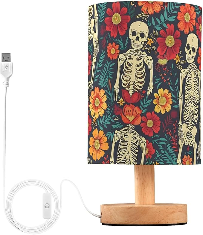 ALAZA Bedside Table Lamp Skull Skeleton Sugar Flower Lamp for Girls Boys Bedroom with USB Port LED Kids Nightstand Lamp Wood Base Desk Living Room Decor - sugar skull table lamp