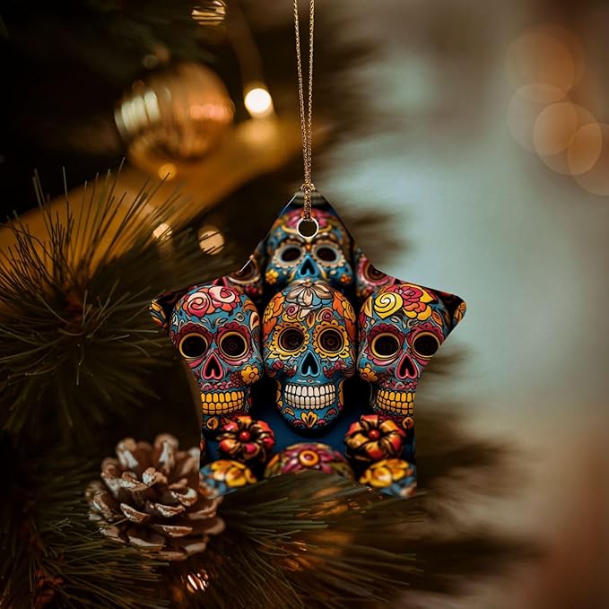 Christmas Tree Ornaments Ceramics Christmas Decorations Colorful Sugar Skulls Ornaments with Gold Ribbon Porcelain Xmas Tree Crafts Star Shape Hanging Pendant for Christmas Tree Party Decor - sugar skull christmas decorations