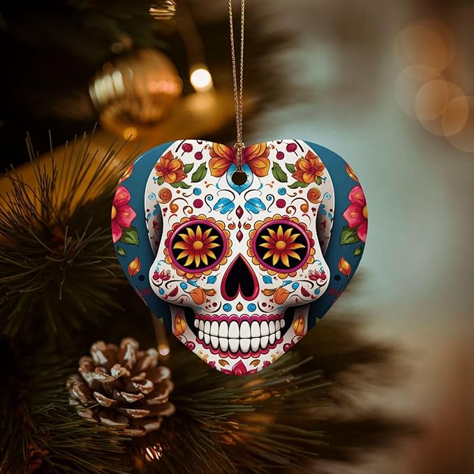 Christmas Tree Ornaments Ceramics Christmas Decorations Colorful Sugar Skull Ornaments with Gold Ribbon Porcelain Xmas Tree Crafts Heart Shape Hanging Pendant for Christmas Tree Party Decor - sugar skull christmas decorations