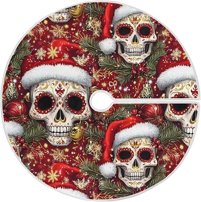 Large Christmas Tree Skirt Sugar Skull Xmas Decorations Burlap Stitch Tree Skirt for 4 ft Tree 48 in - sugar skull christmas decorations