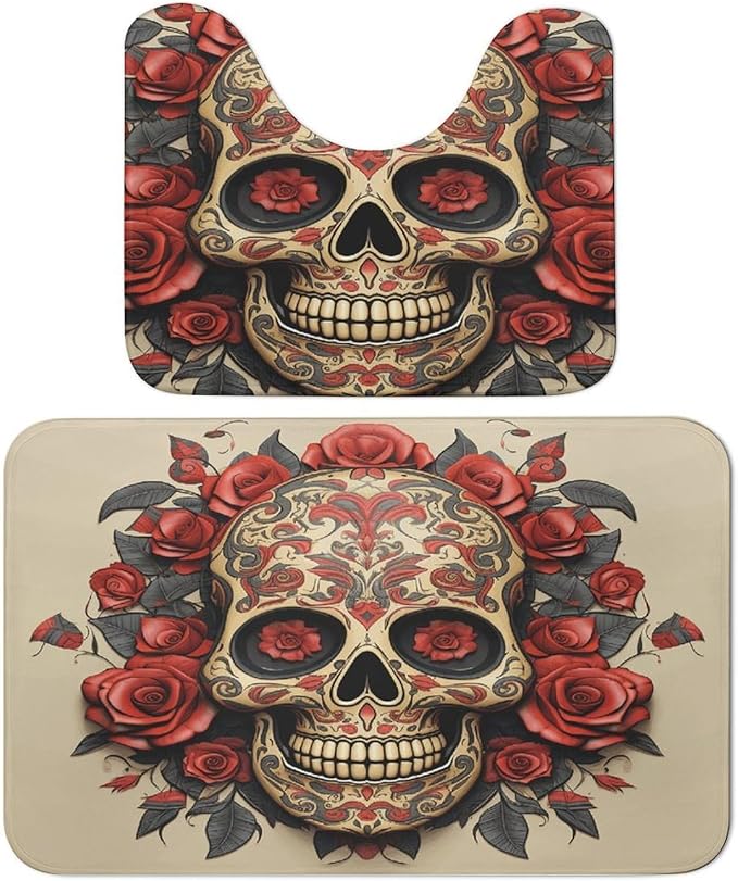 Red Rose Sugar Skull Printing Bathroom Rug Set 2 Piece, Soft Absorbent Bath Mats 20×32 in and U-Shaped Toilet Rug 16×20 in Non-Slip Coral Velvet Floor Mat for Bathroom Home Decor - sugar skull toilet mat set