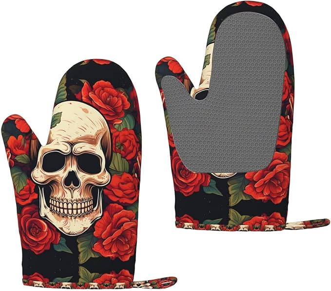 2pcs Silicone Oven Mitts Set Heat Resistant Oven Glove Non-Slip Grip Cooking Gloves Sugar Skull Rose Kitchen Mitts for Baking BBQ Grilling Oven Mitt - sugar skull oven mitts